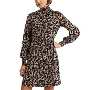 Boden Navy Blue Floral Print Mock Neck Tie Waist Dress Size 6